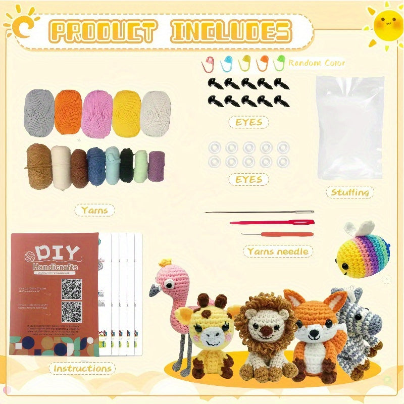 Six Animal Plush Knitting Kit For Beginners With Yarn Pattern And Video Tutorial Lion Flamingo Zebra Fox Bee Deer