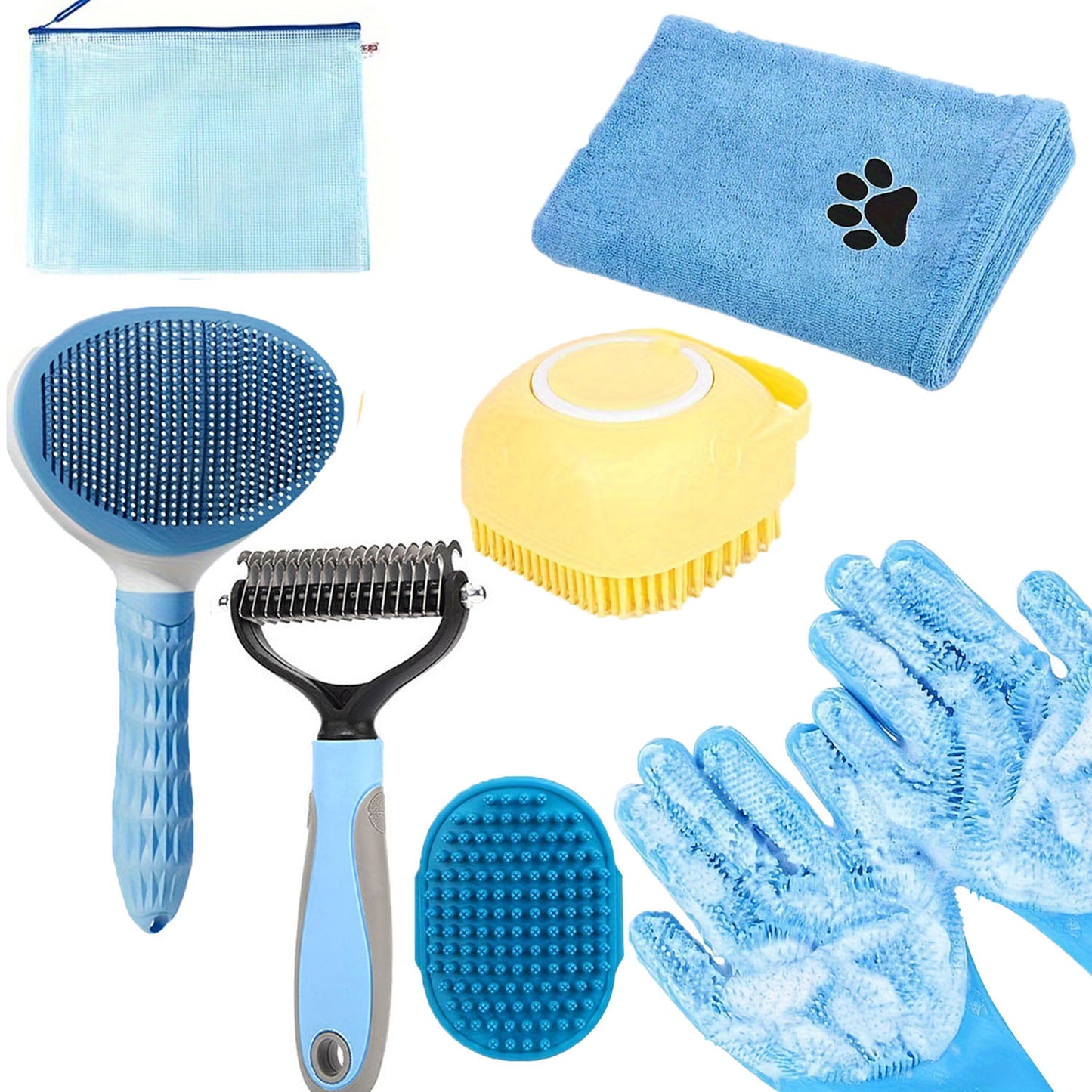 7 Dog Grooming Kit Bath Brush Double Sided Undercoat Rake Towel Tool Washing Gloves for Shedding Control and Shiny Coat