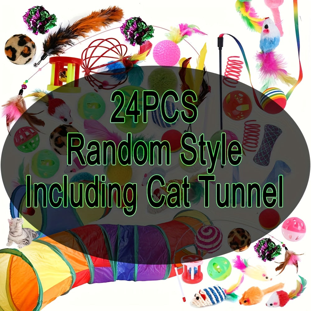 12 or 24 Piece Cat Toy Set Plush Toys Cat Tunnel and Sisal Toys for Indoor Play Fun