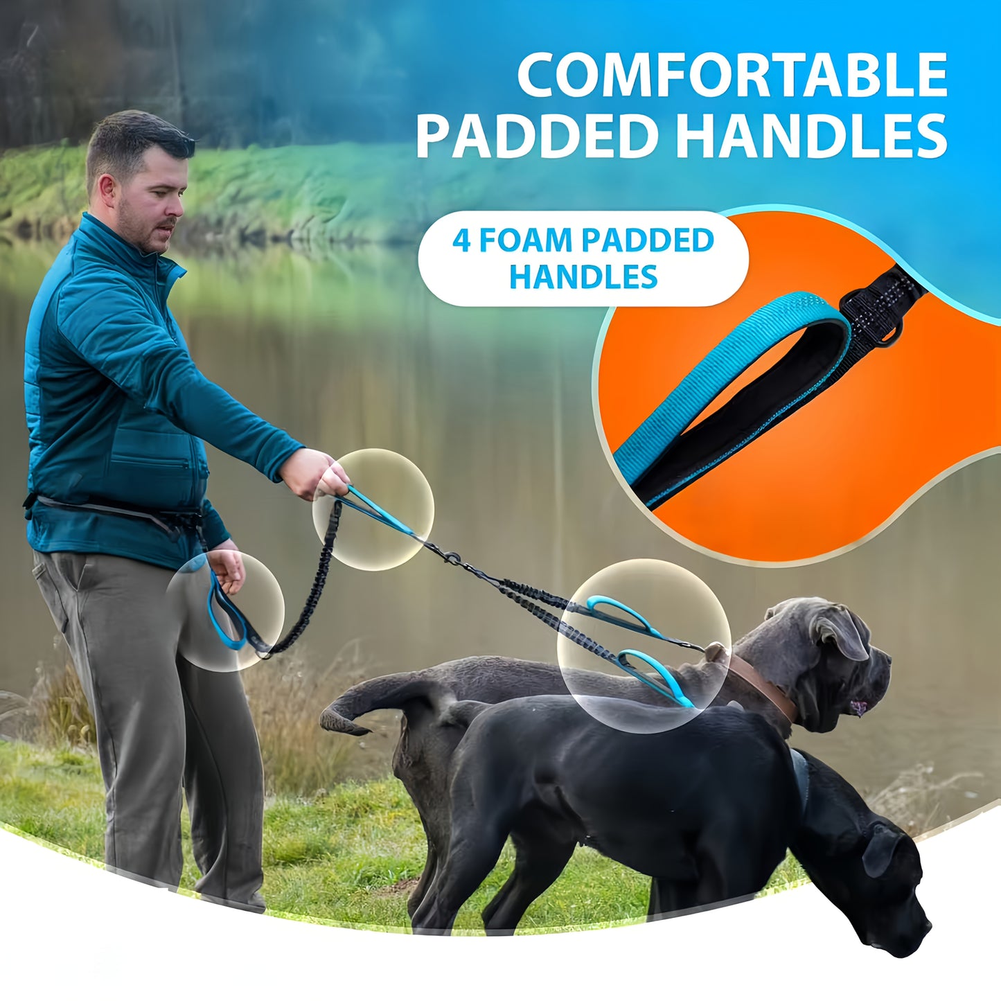 Hands Free Dual Dog Leash Reflective With Padded Handle