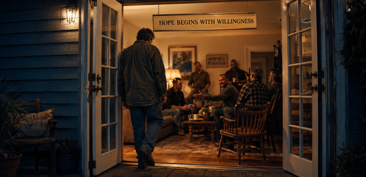 A man entering a welcoming home where a group of men gather in fellowship beneath a sign reading Hope Begins With Willingness.