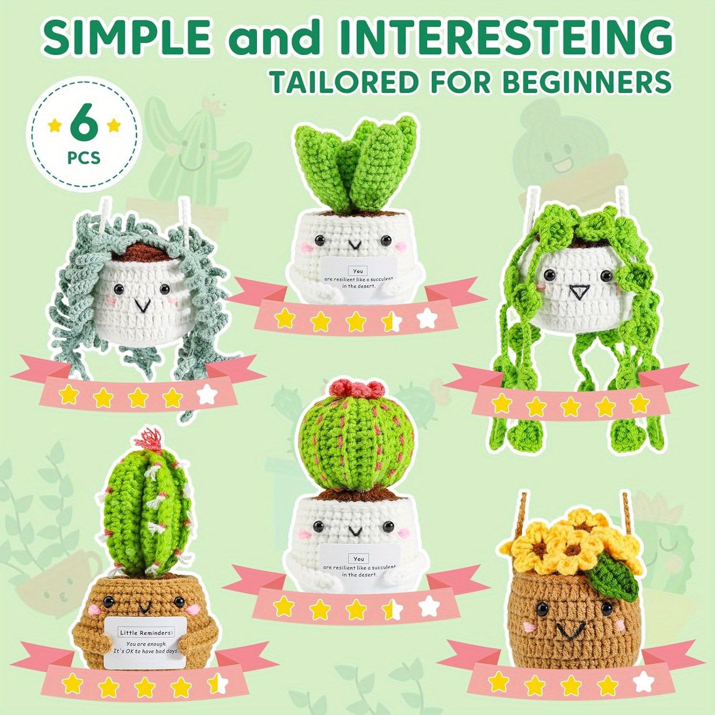 Crochet Kit For Beginners With Step By Step Video Lessons, Six Piece Succulent Crochet Set With Accessories