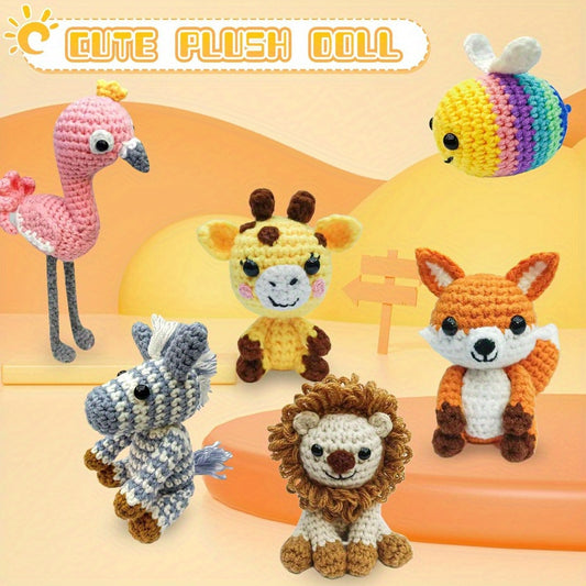 Six Animal Plush Knitting Kit For Beginners With Yarn Pattern And Video Tutorial Lion Flamingo Zebra Fox Bee Deer