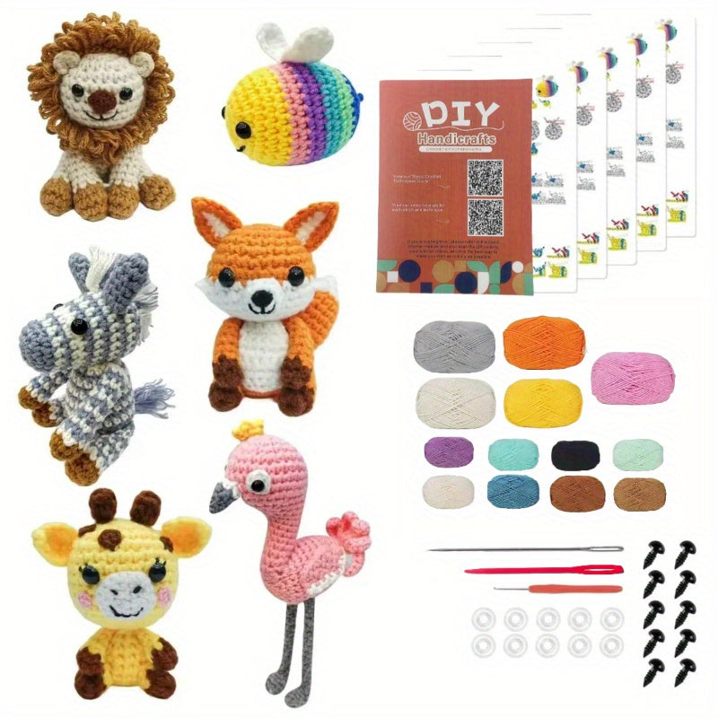 Six Animal Plush Knitting Kit For Beginners With Yarn Pattern And Video Tutorial Lion Flamingo Zebra Fox Bee Deer