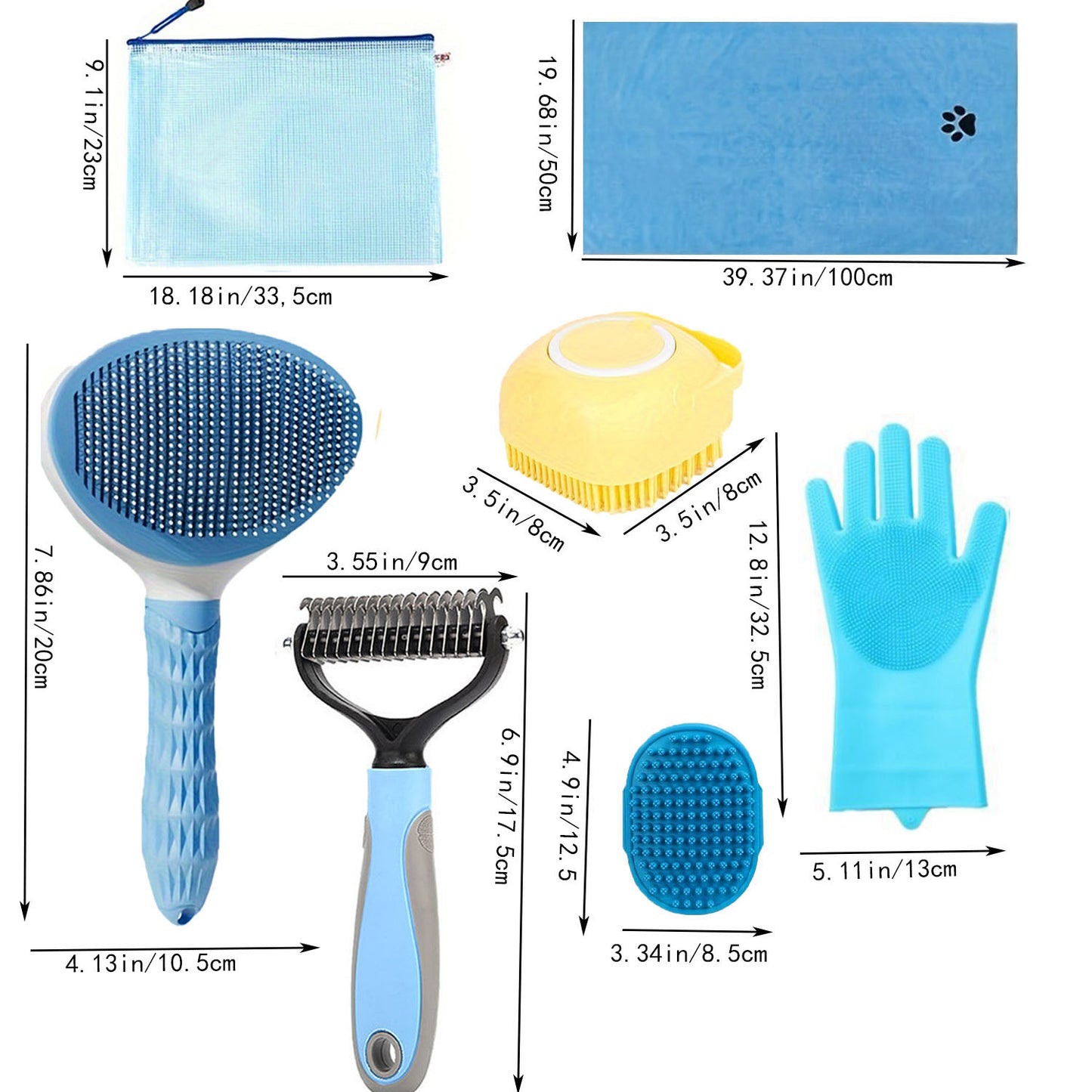 7 Dog Grooming Kit Bath Brush Double Sided Undercoat Rake Towel Tool Washing Gloves for Shedding Control and Shiny Coat