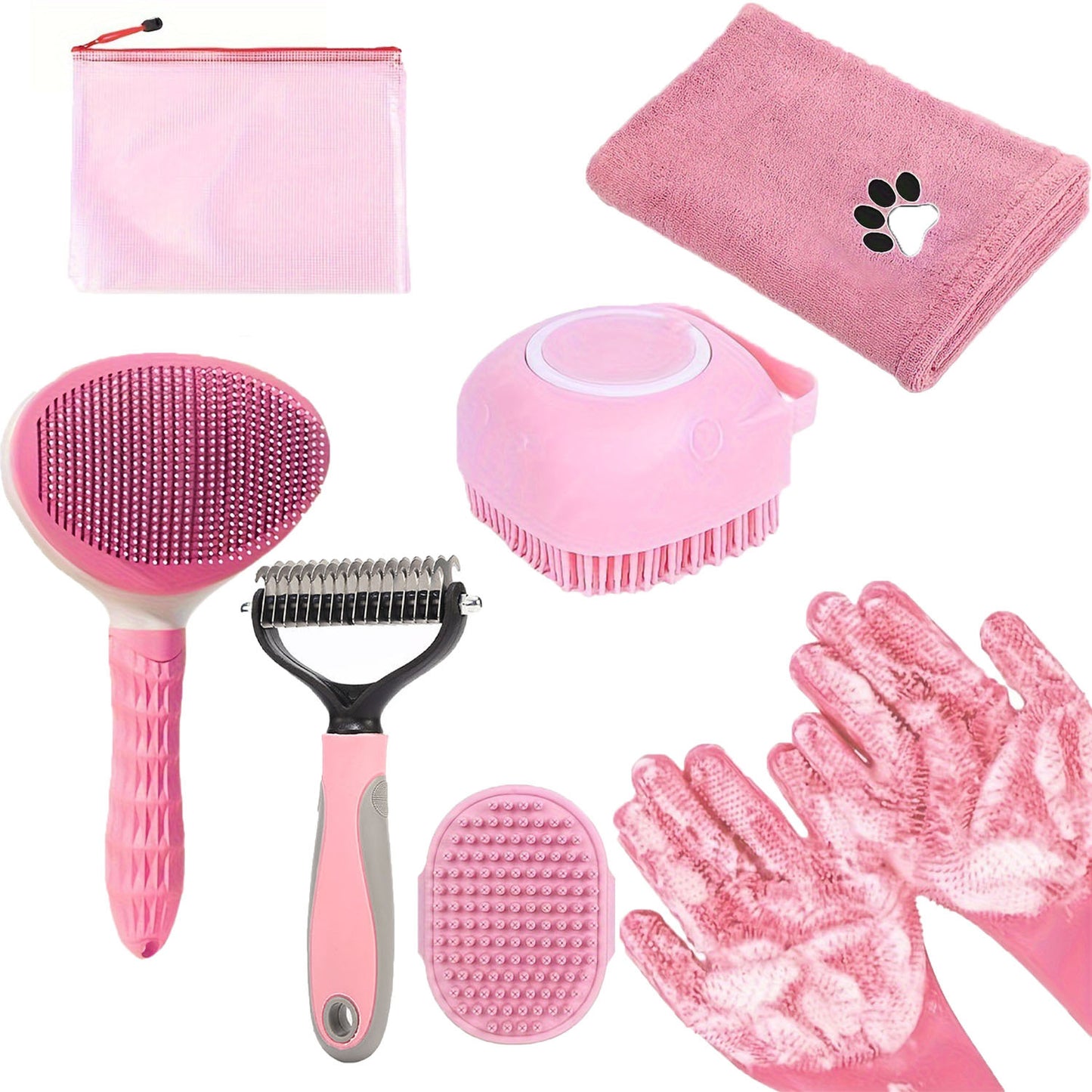 7 Dog Grooming Kit Bath Brush Double Sided Undercoat Rake Towel Tool Washing Gloves for Shedding Control and Shiny Coat
