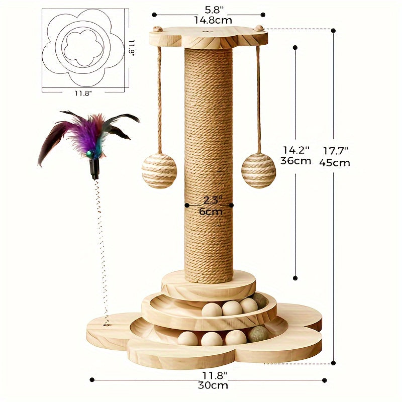 4 In 1 Wooden Cat Scratcher Toy With 17.7 Inch Tall Post, Track Balls, Feather Toy, Sisal Hanging Balls For Indoor Cats