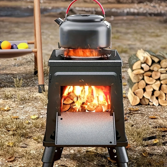 Portable Cast Iron Wood Burning Camp Stove - Heavy-Duty Outdoor Cookstove & Heater with Chimney Design, Air Vents & Sturdy Legs for Camping, Hiking, Picnic, BBQ - Firewood/Charcoal Compatible, No Electricity/Flint/Magnesium N