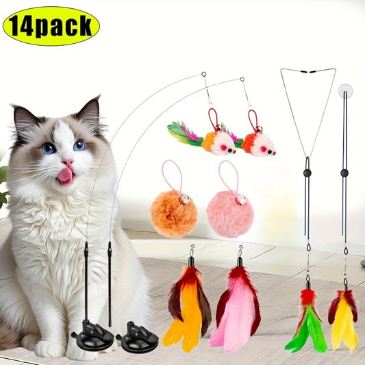 14 Pack Interactive Cat Toys With Suction Cups Rope 78 Inch 20 Pound Hold Hanging Door Wall Toys For Kittens Cats