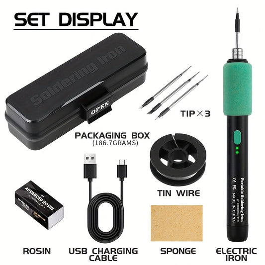 Mini Soldering Iron Kit With Adjustable Temperature USB Powered Portable Tool Includes Iron And Three Tips