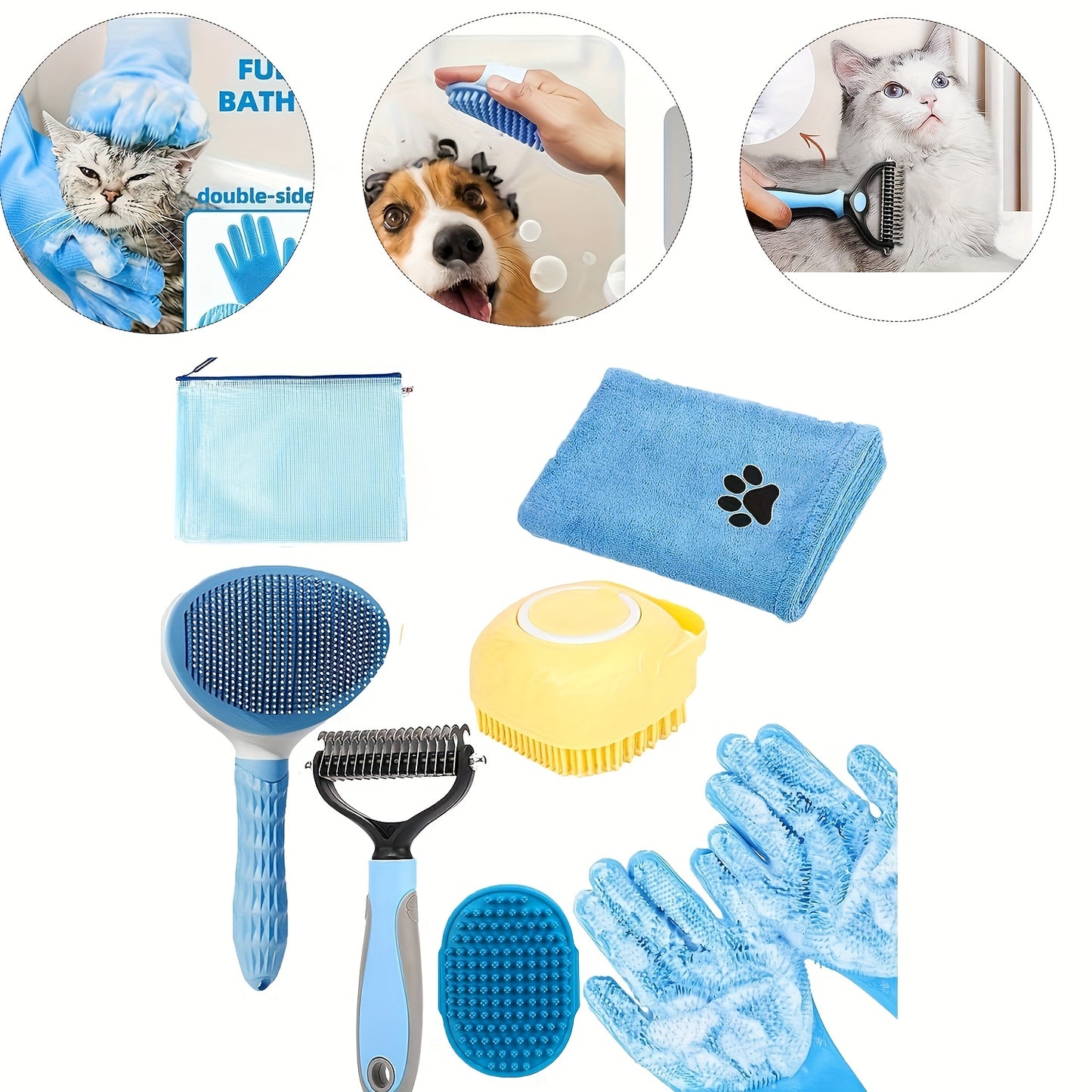 7 Dog Grooming Kit Bath Brush Double Sided Undercoat Rake Towel Tool Washing Gloves for Shedding Control and Shiny Coat
