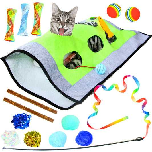 15 Kitten Toys Assortment, Cat Play Mat, Cat Teaser Wand, Crinkle Balls for Kitten & Puppy