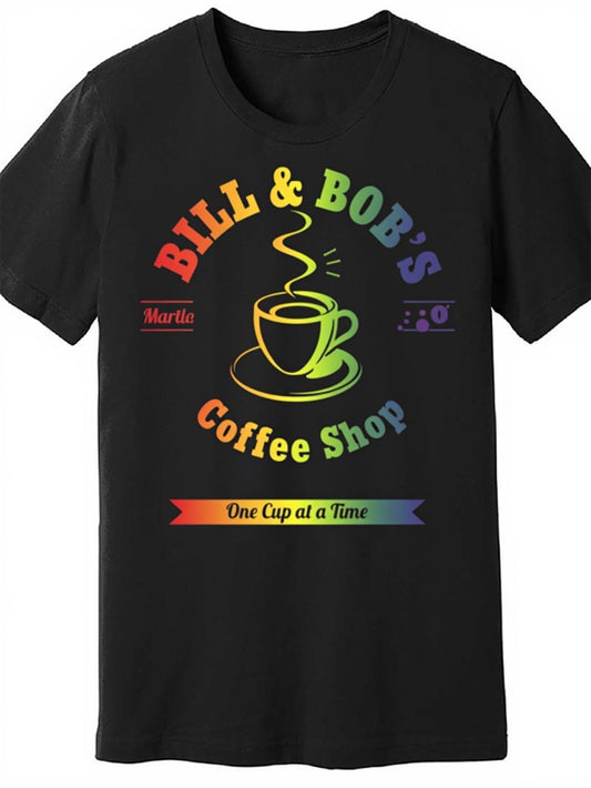 Bill & Bobs Coffee Shop Graphic T-Shirt for Men and Women | Vintage Coffee Cup Print, Short Sleeve, Crew Neck, Casual Daily Wear, Black, Medium Stretch Fabric, Regular Fit, All-Season