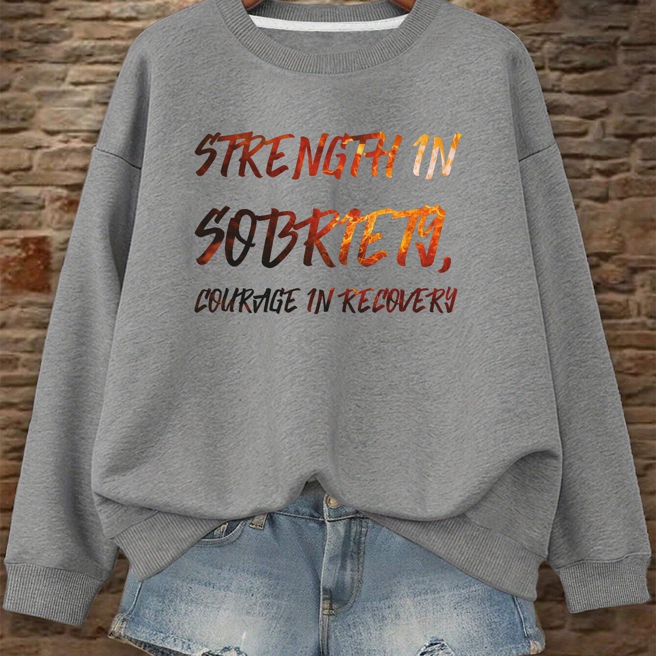 Sobriety Recovery Women's Plus Size Sweatshirt Geometric Pattern Crew Neck Fall Winter