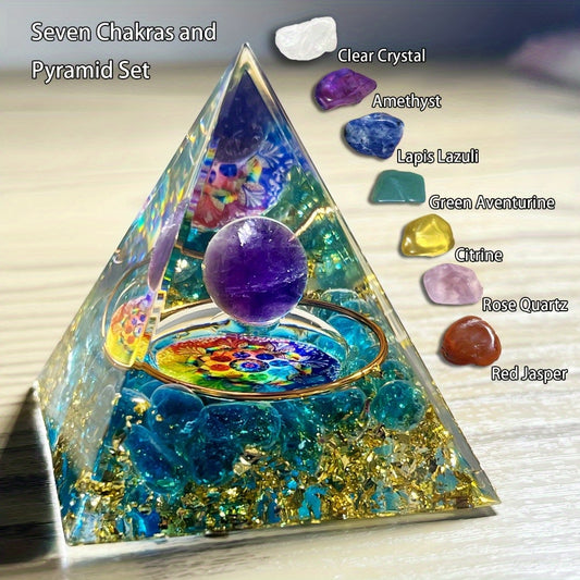 Set of 8 Organ Pyramid, Amethyst Ball and Blue Glazed Mandala Flower Pyramid. Pyramid Diameter 5cm/ 1.97 Inches, Stone Size 1cm/ 0.39 Inches To 2cm/ 0.79 Inches. Suitable for Table Top Decoration, Interior Decoration Gifts