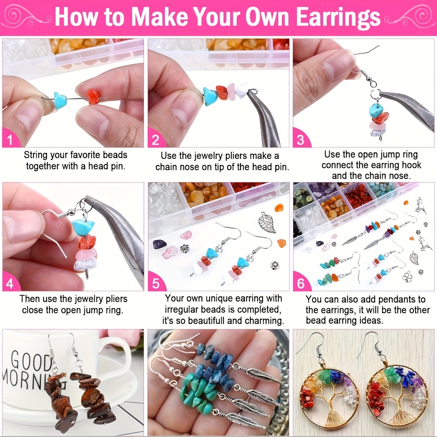 1587Pcs Natural Stone Beads Jewelry Making Kit With Free Scissors Thread Jump Rings Head Pins For Bracelets Necklaces