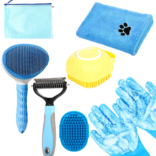 7 Dog Grooming Kit Bath Brush Double Sided Undercoat Rake Towel Tool Washing Gloves for Shedding Control and Shiny Coat