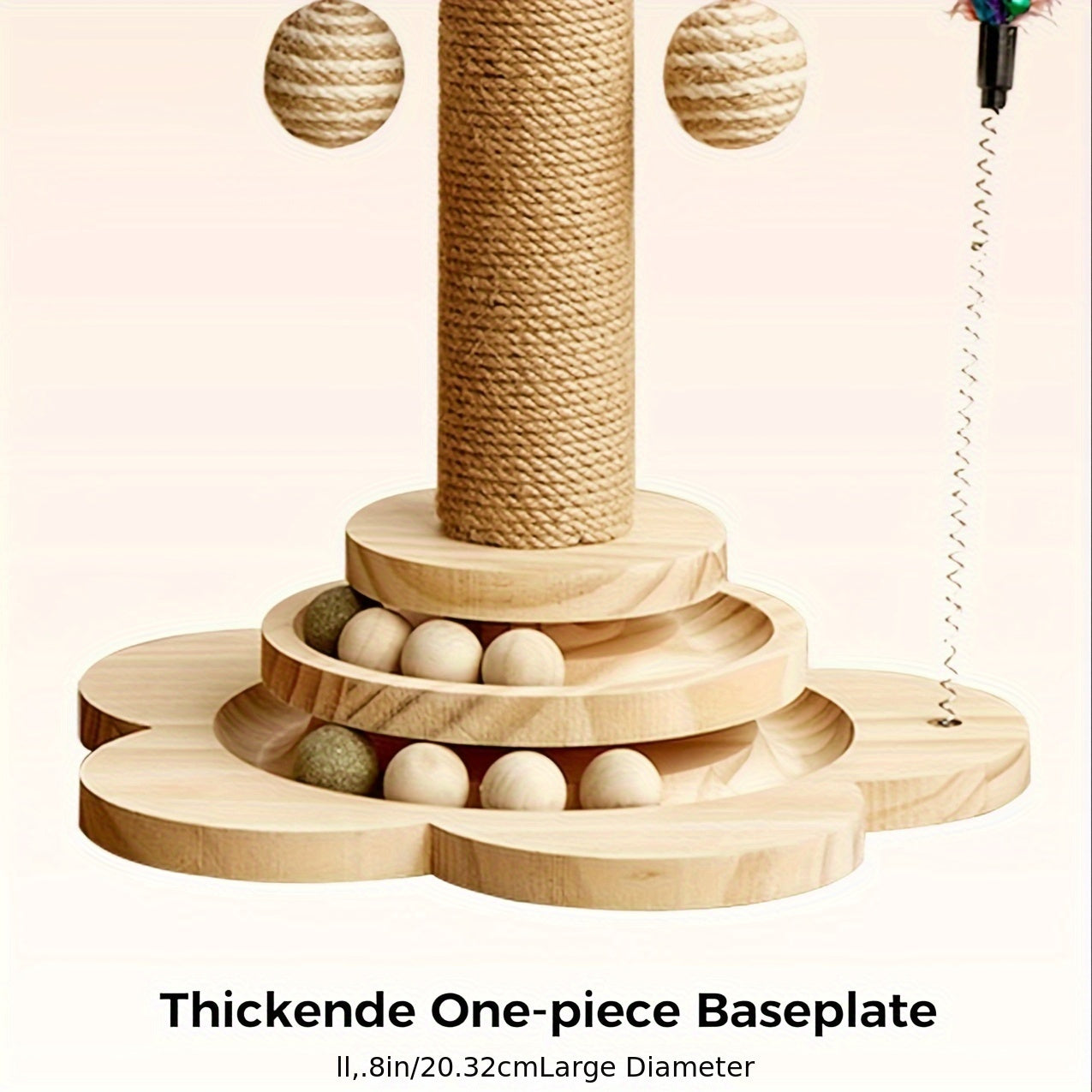 4 In 1 Wooden Cat Scratcher Toy With 17.7 Inch Tall Post, Track Balls, Feather Toy, Sisal Hanging Balls For Indoor Cats
