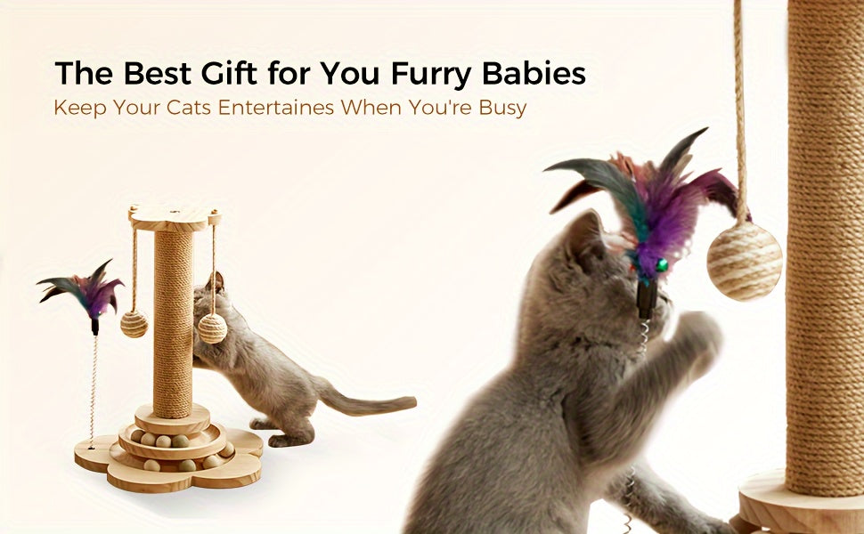 4 In 1 Wooden Cat Scratcher Toy With 17.7 Inch Tall Post, Track Balls, Feather Toy, Sisal Hanging Balls For Indoor Cats