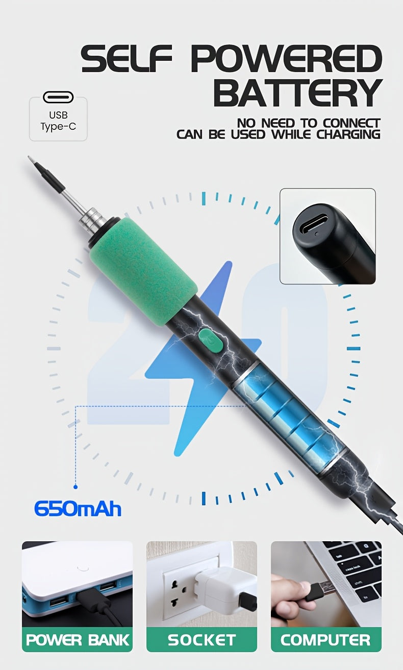 Mini Soldering Iron Kit With Adjustable Temperature USB Powered Portable Tool Includes Iron And Three Tips