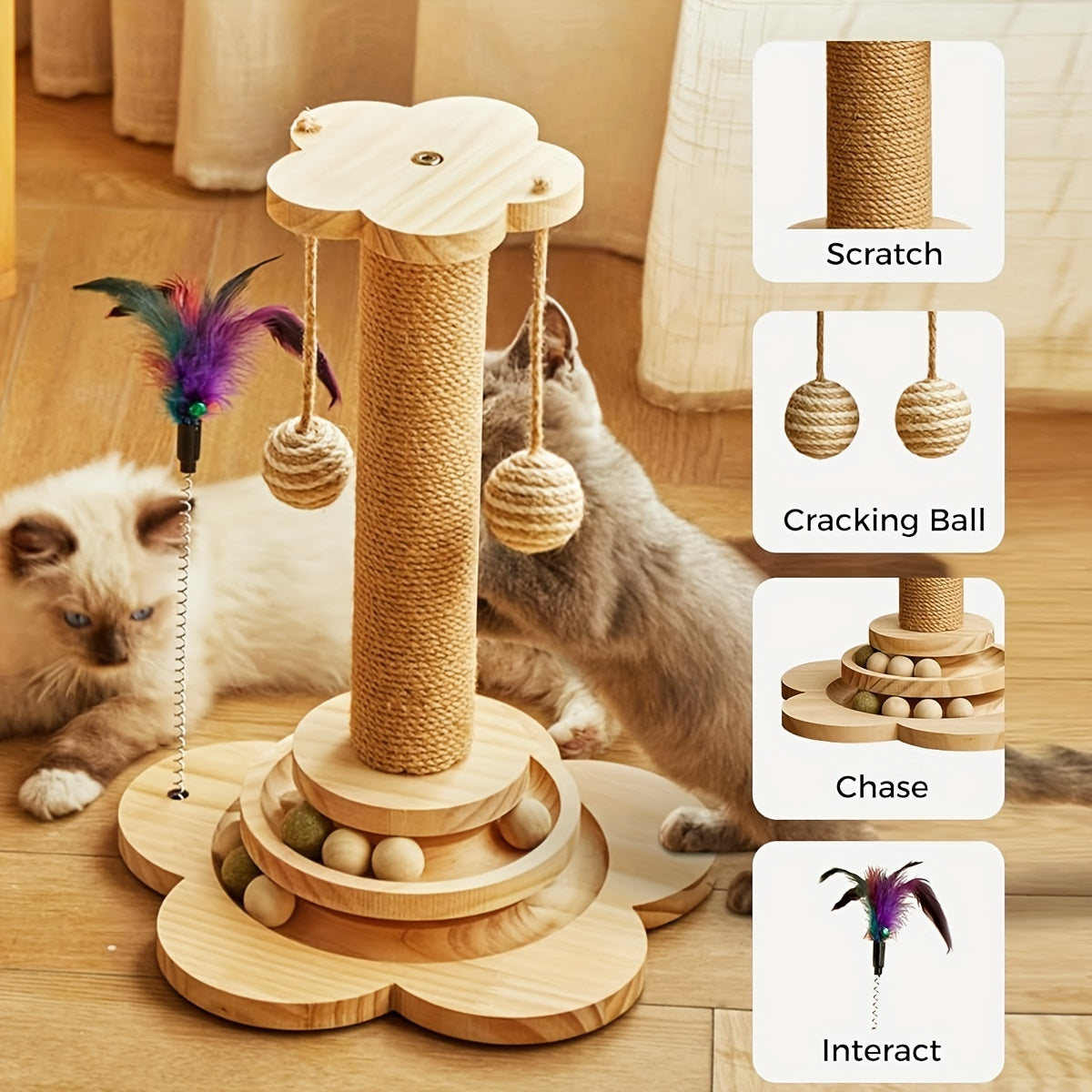 4 In 1 Wooden Cat Scratcher Toy With 17.7 Inch Tall Post, Track Balls, Feather Toy, Sisal Hanging Balls For Indoor Cats