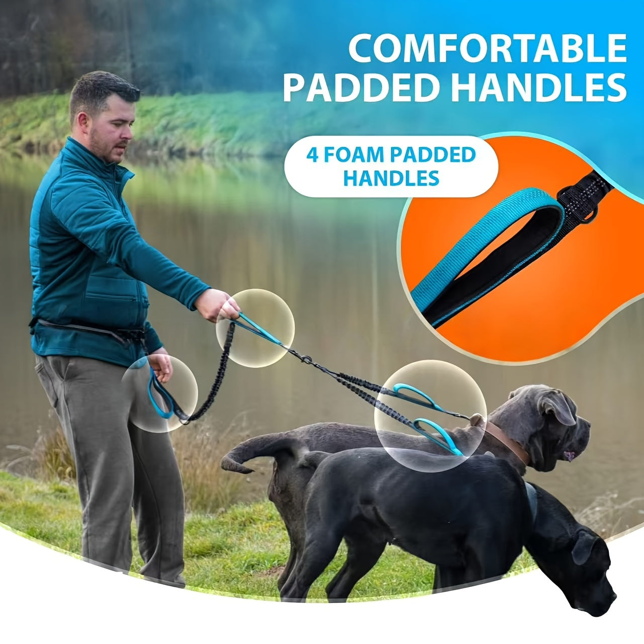 Hands Free Dual Dog Leash Reflective With Padded Handle