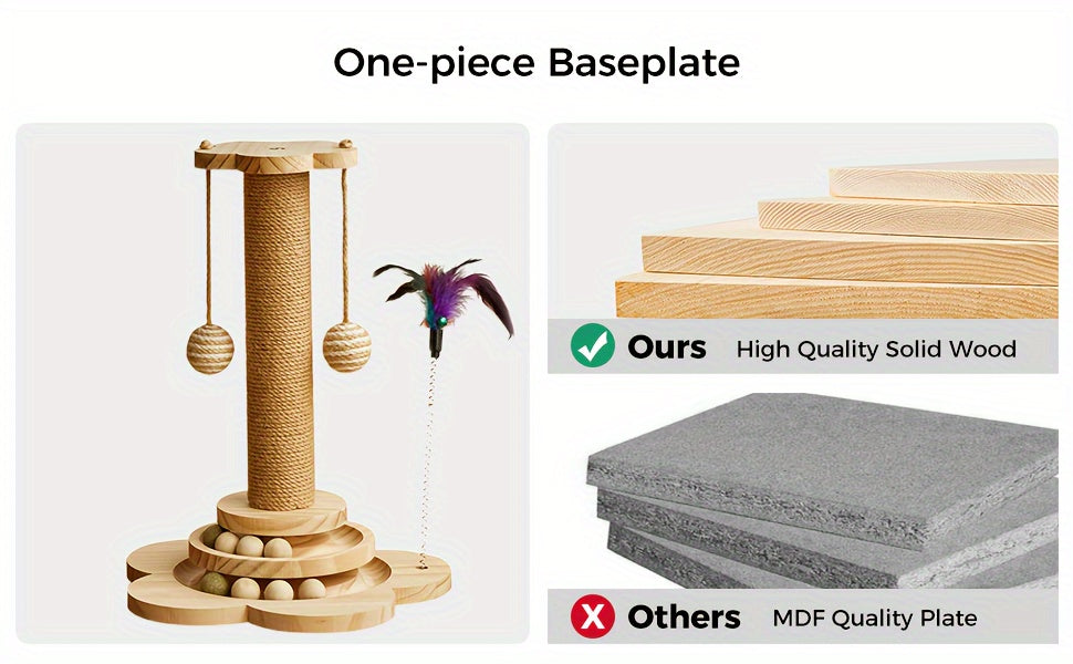 4 In 1 Wooden Cat Scratcher Toy With 17.7 Inch Tall Post, Track Balls, Feather Toy, Sisal Hanging Balls For Indoor Cats