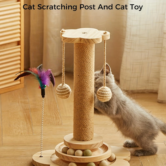 4 In 1 Wooden Cat Scratcher Toy With 17.7 Inch Tall Post, Track Balls, Feather Toy, Sisal Hanging Balls For Indoor Cats