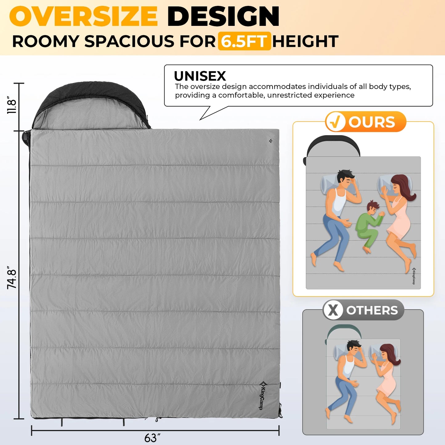 KingCamp 3 In 1 Envelope Hooded Sleeping Bag All Season