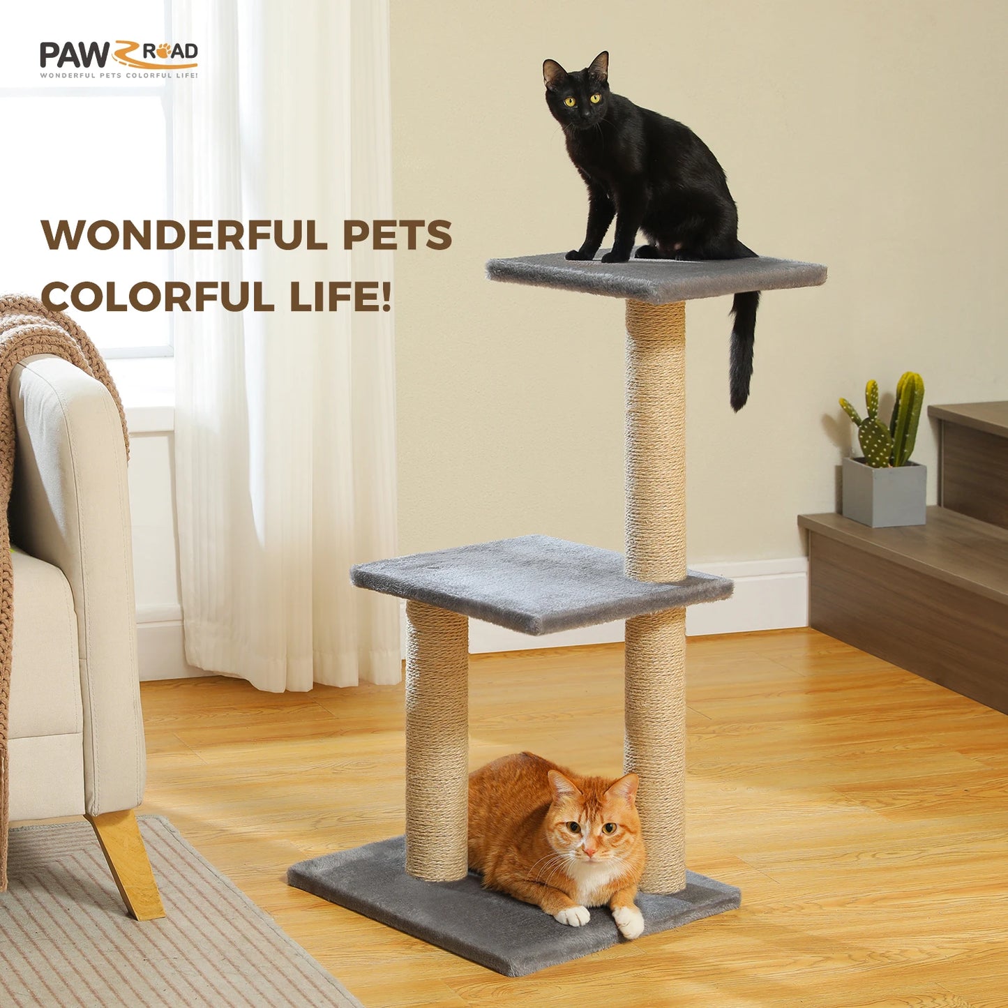 Cat Tree Cat Tower for Indoor Cats Three-Tier Activity Tree with Scratching Posts Big Hammock and Removable Top Perch Grey