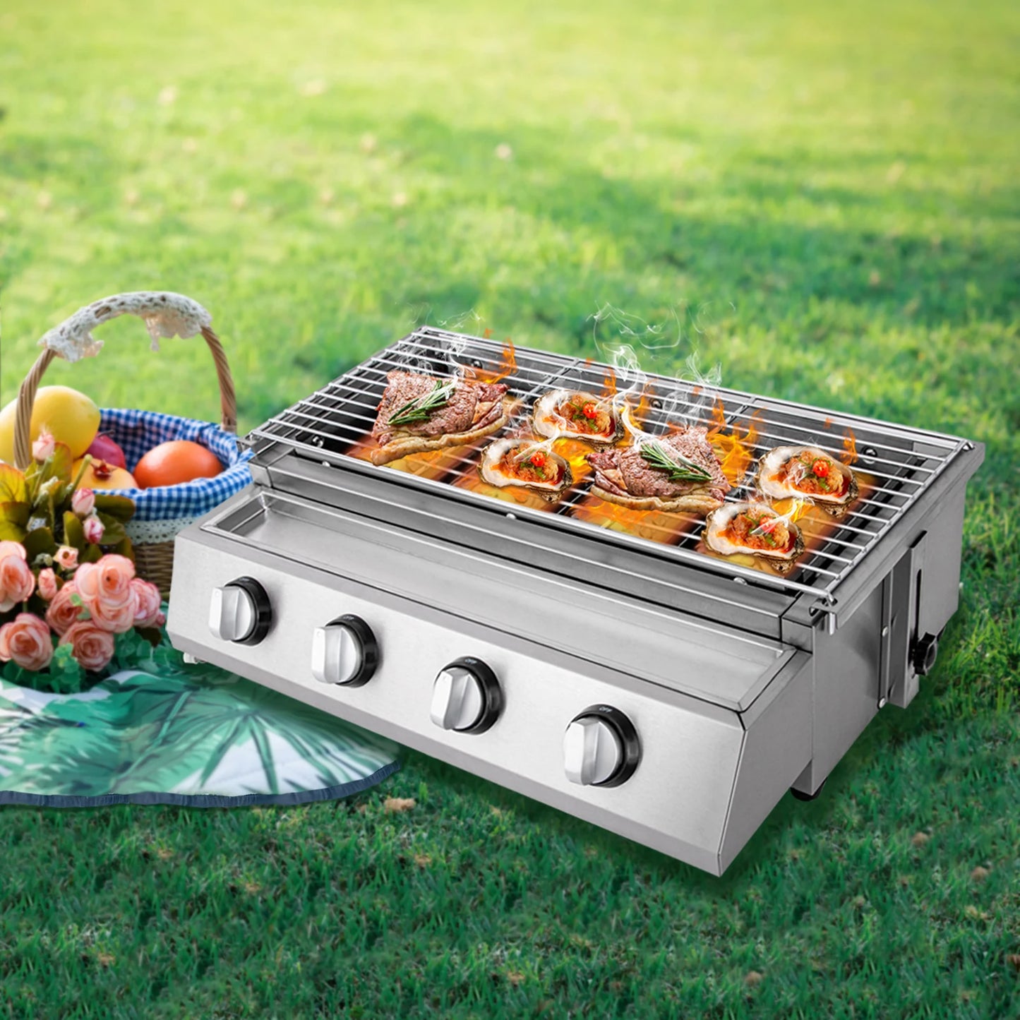 Stainless Steel Smokeless Barbecue Grill 4 Burners LPG Gas Grill Portable BBQ Grill Removable for Outdoor Patio Garden
