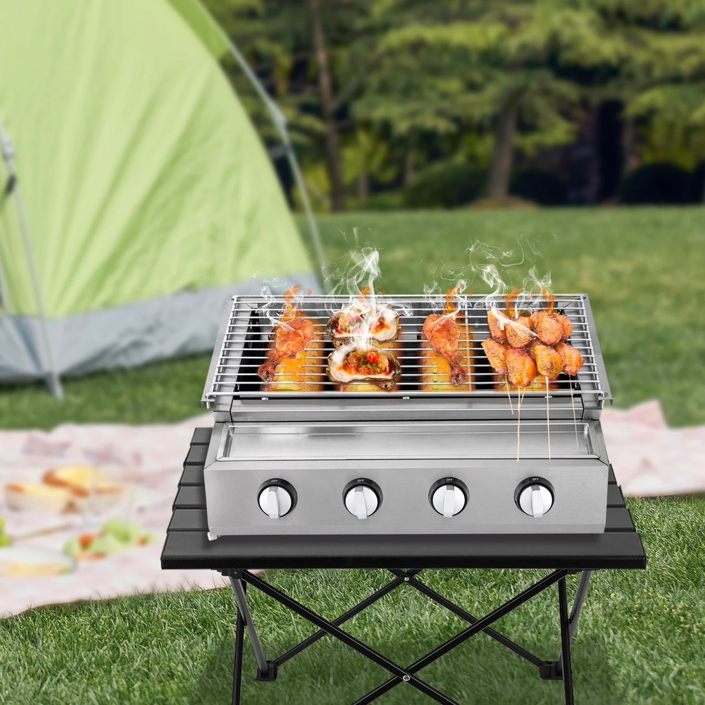 Stainless Steel Smokeless Barbecue Grill 4 Burners LPG Gas Grill Portable BBQ Grill Removable for Outdoor Patio Garden