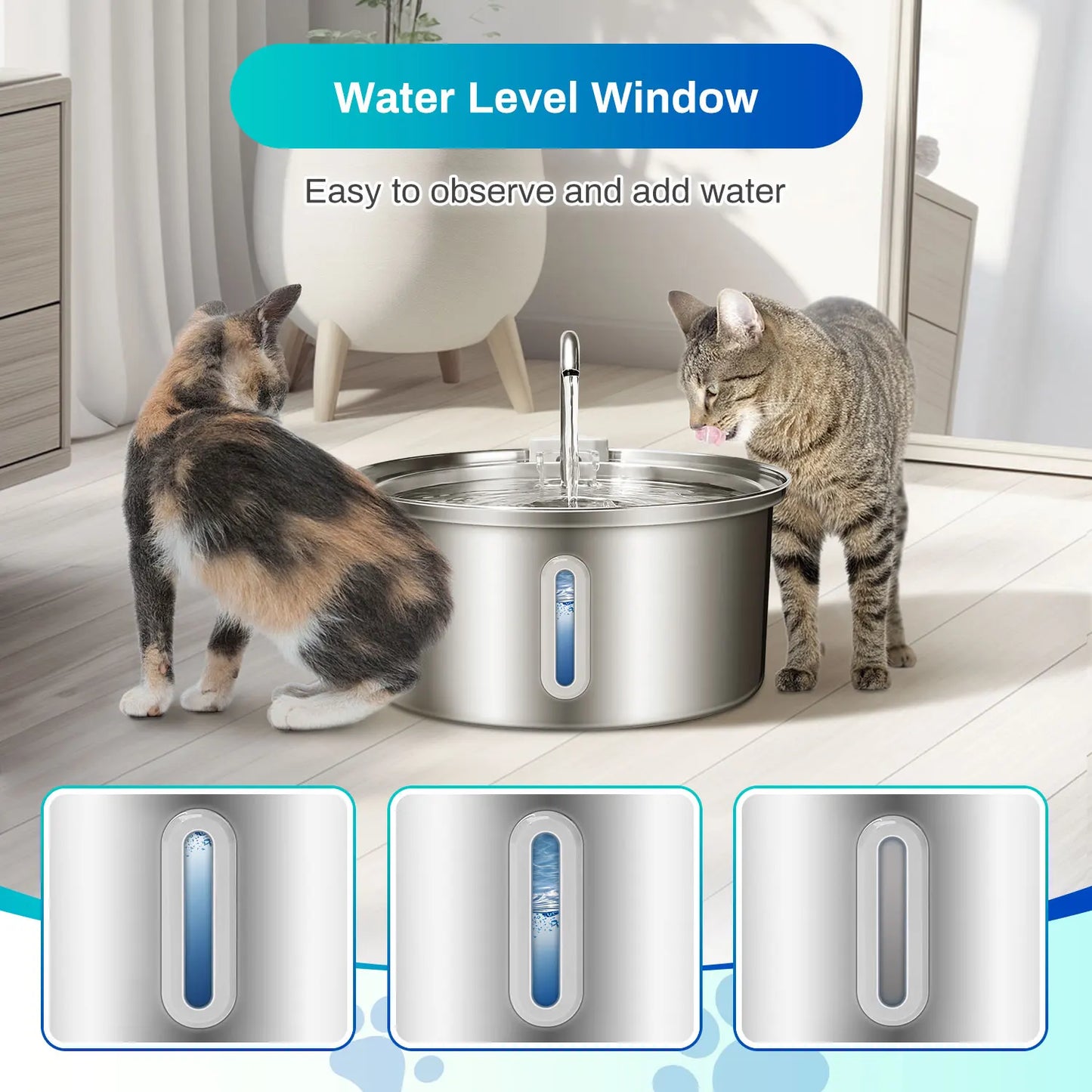 Cat Water Fountain Stainless Steel 108oz 3.2L Pet Water Fountain With Ultra Quiet Pump Filtration System Water Level Window