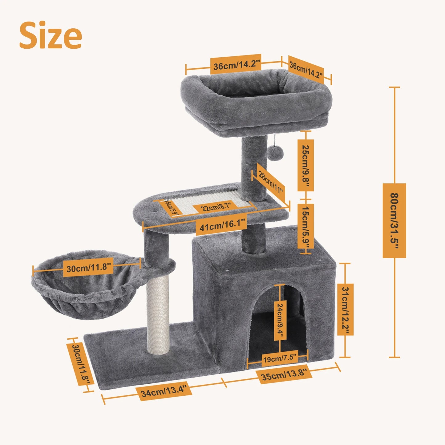 Cat Tree Cat Tower for Indoor Cats Three-Tier Activity Tree with Scratching Posts Big Hammock and Removable Top Perch Grey
