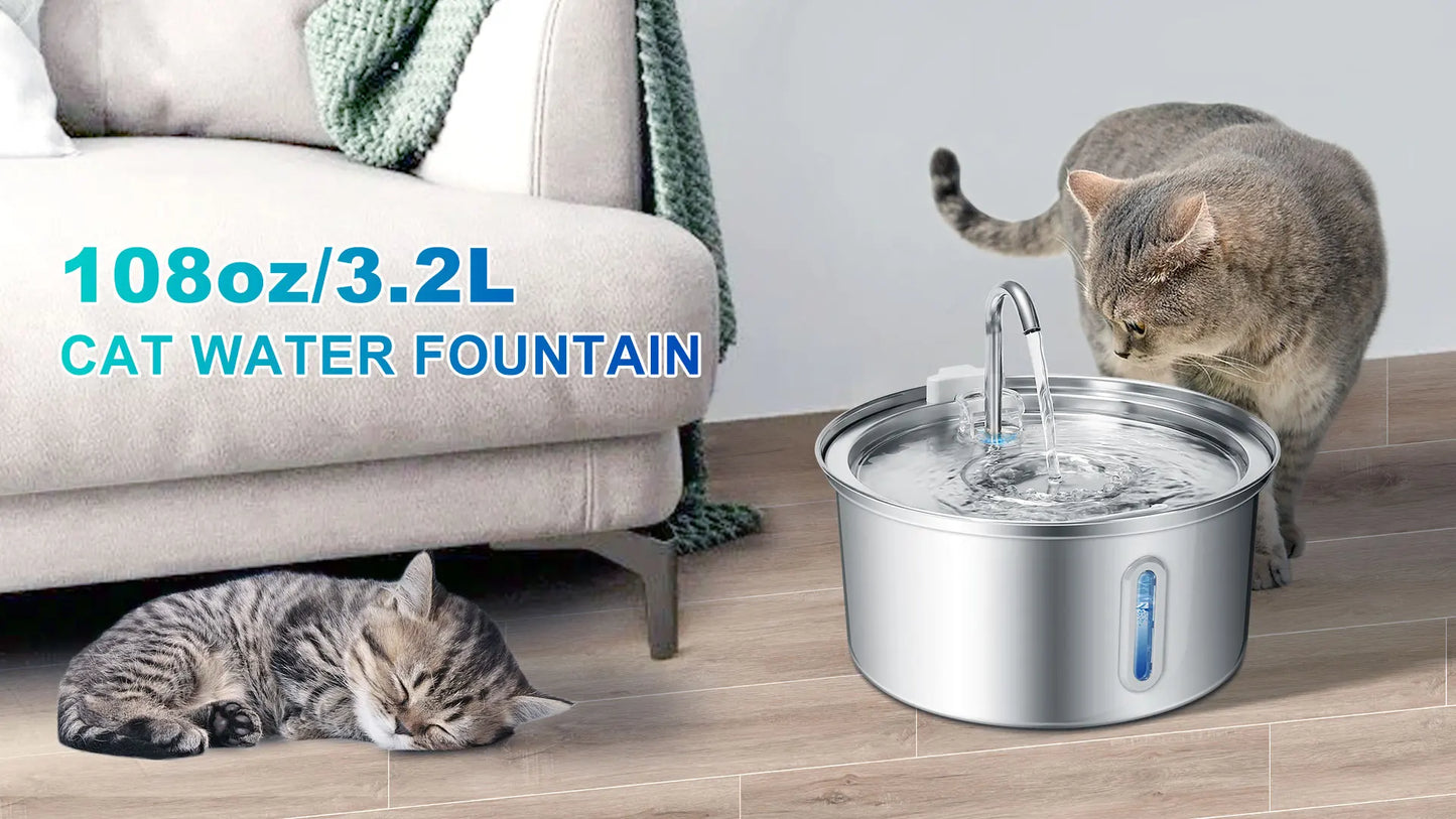 Cat Water Fountain Stainless Steel 108oz 3.2L Pet Water Fountain With Ultra Quiet Pump Filtration System Water Level Window