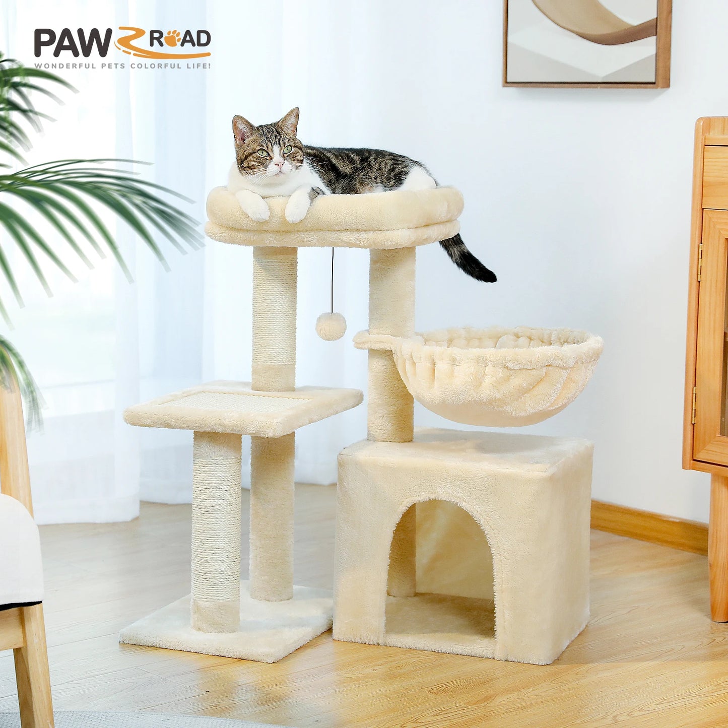 Cat Tree Cat Tower for Indoor Cats Three-Tier Activity Tree with Scratching Posts Big Hammock and Removable Top Perch Grey