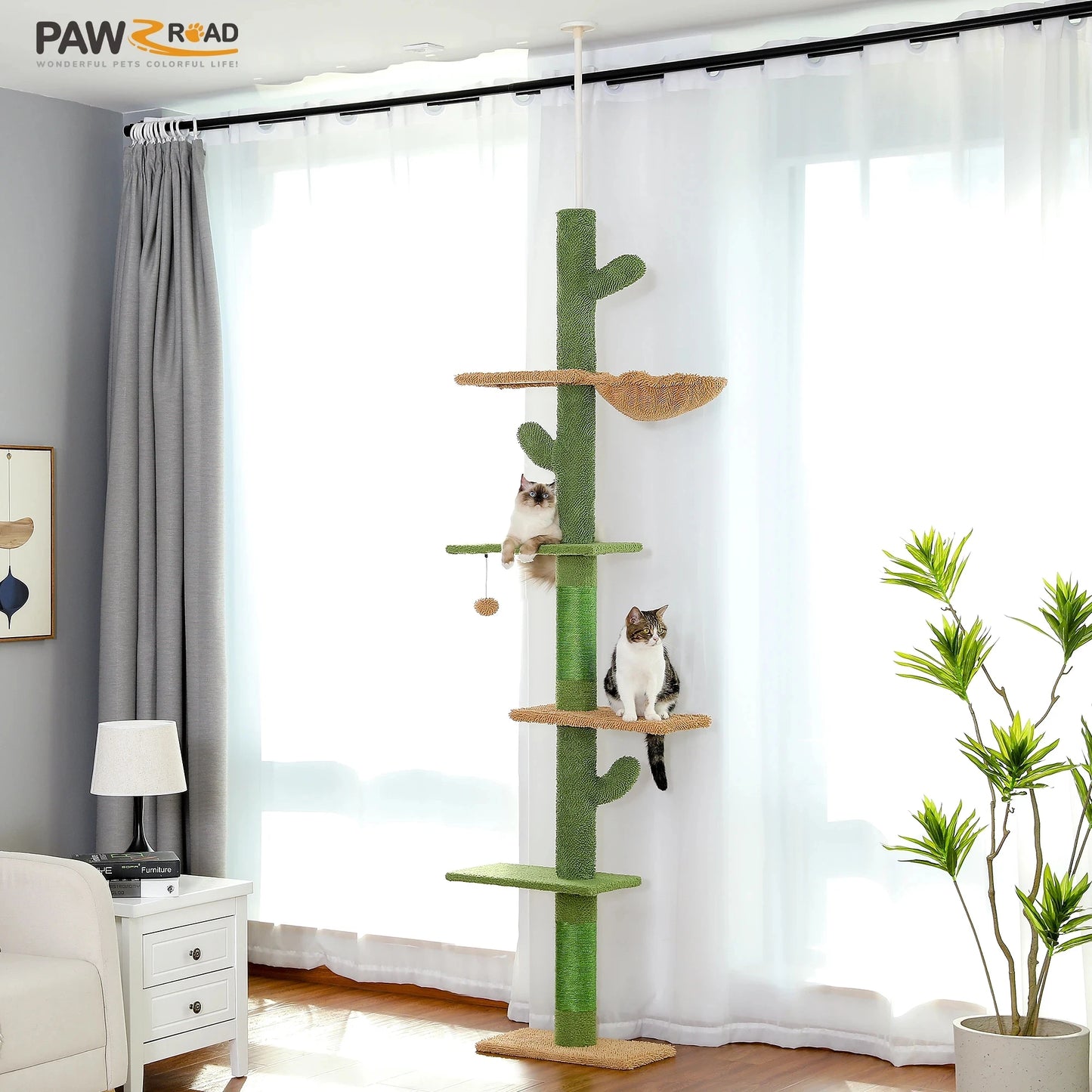 Cat Tree 5 Tier Floor to Ceiling Cat Tower Cactus Tall Climbing Tree with Scratching Post Hammock and Dangling Ball for Indoor Cats