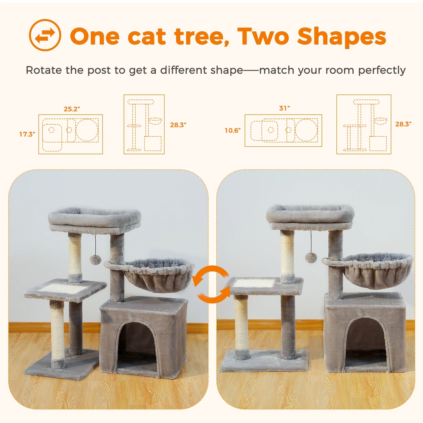 Cat Tree Cat Tower for Indoor Cats Three-Tier Activity Tree with Scratching Posts Big Hammock and Removable Top Perch Grey
