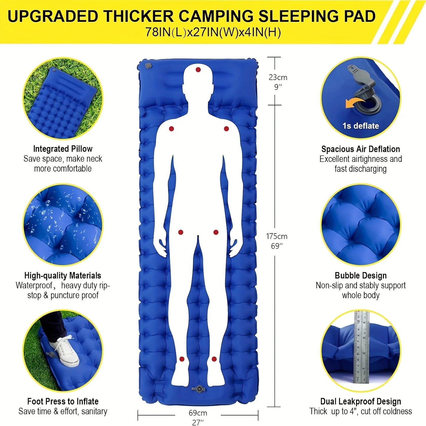 4InchThick Inflatable Sleeping Mat With BuiltIn Pillow Pump