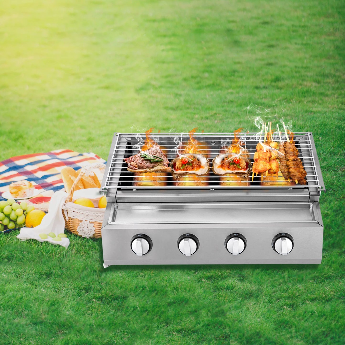 Stainless Steel Smokeless Barbecue Grill 4 Burners LPG Gas Grill Portable BBQ Grill Removable for Outdoor Patio Garden