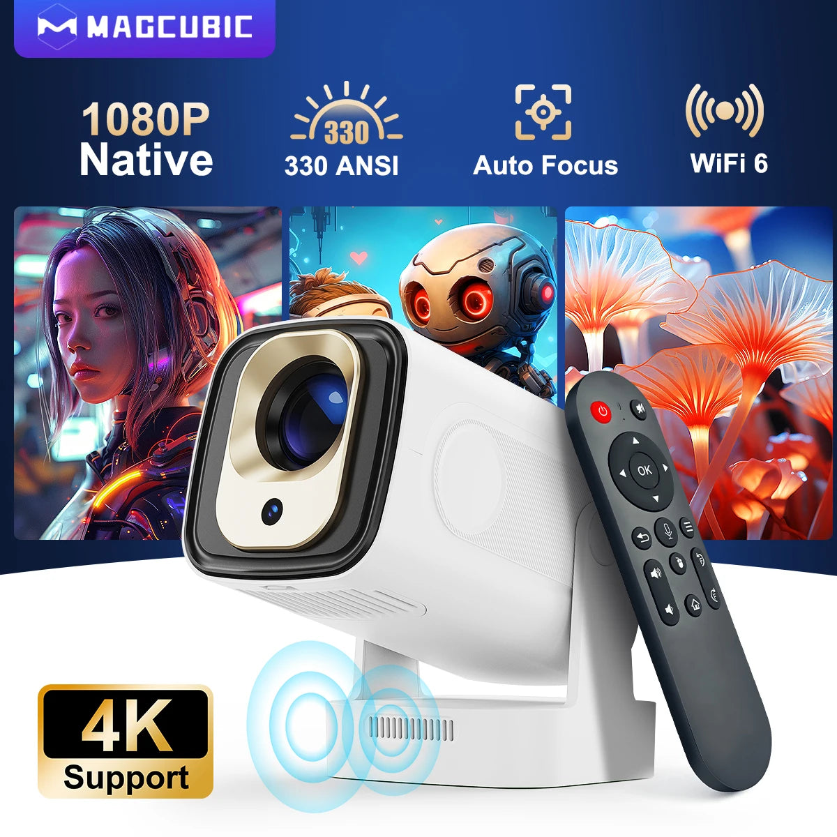 Magcubic HY310 Mini Projector Outdoor Movies Auto Focus 1080P 330 ANSI Android 11 WiFi 6 BT 5.4 4K Air Mouse Voice Remote