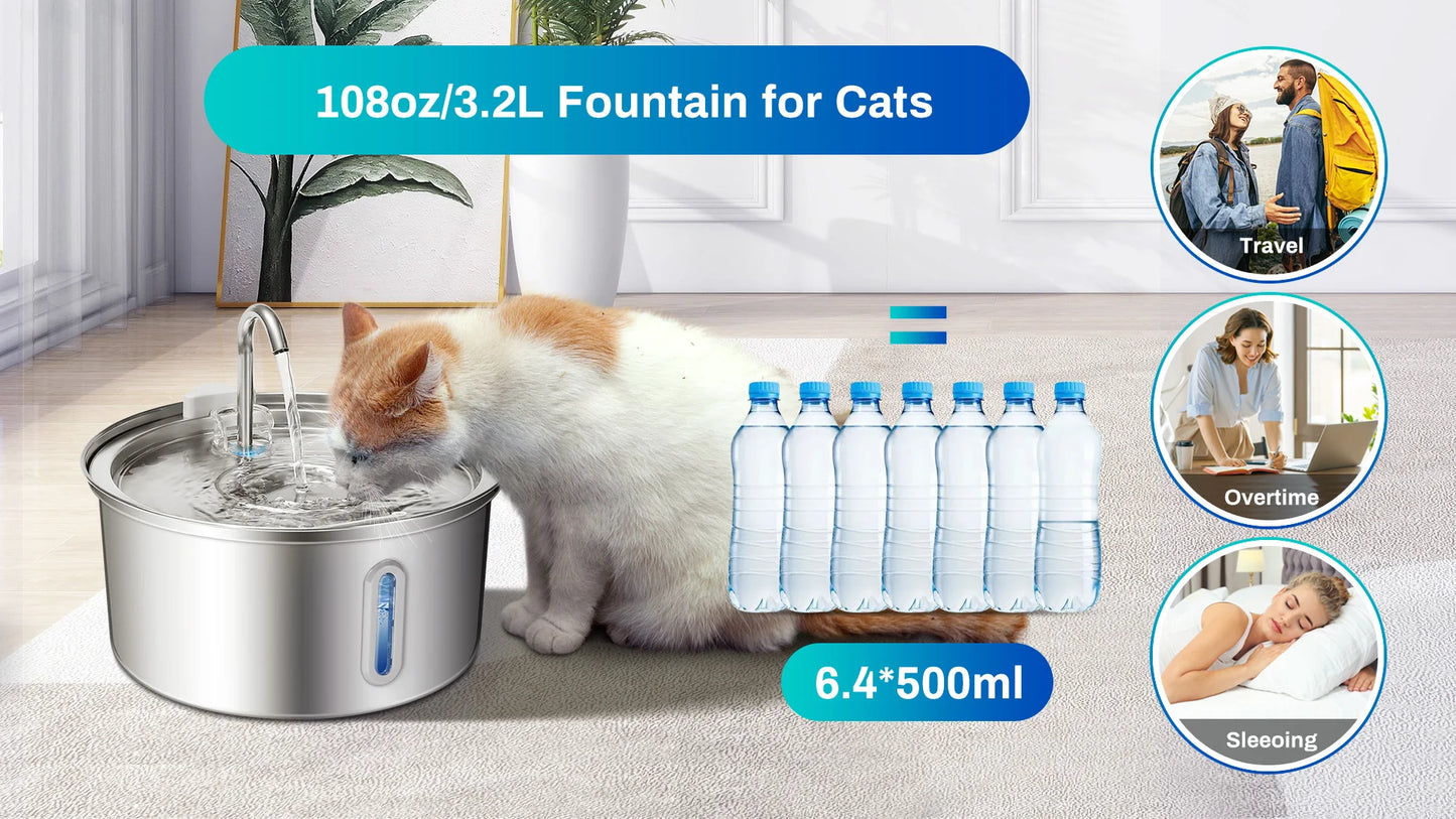 Cat Water Fountain Stainless Steel 108oz 3.2L Pet Water Fountain With Ultra Quiet Pump Filtration System Water Level Window