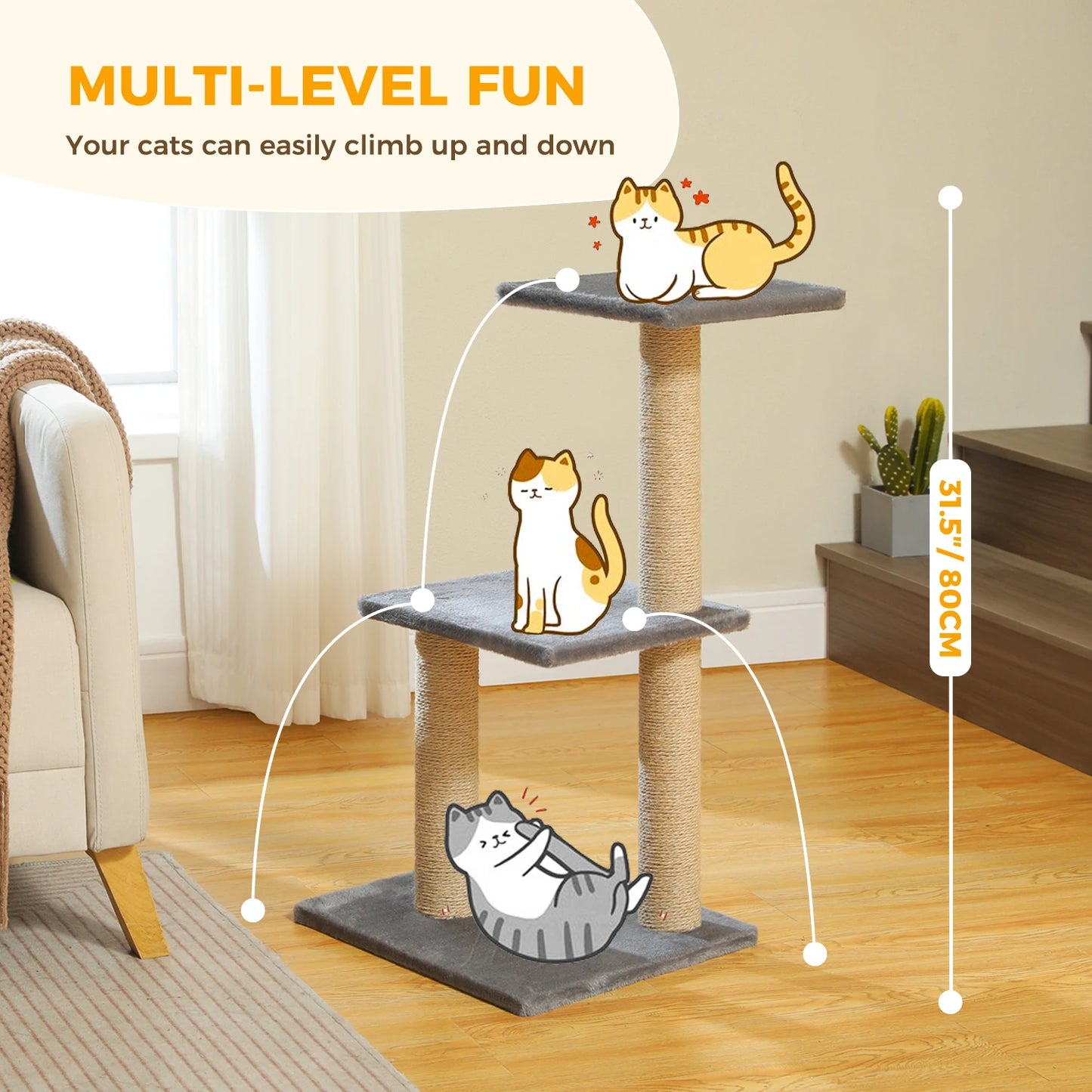 Cat Tree Cat Tower for Indoor Cats Three-Tier Activity Tree with Scratching Posts Big Hammock and Removable Top Perch Grey