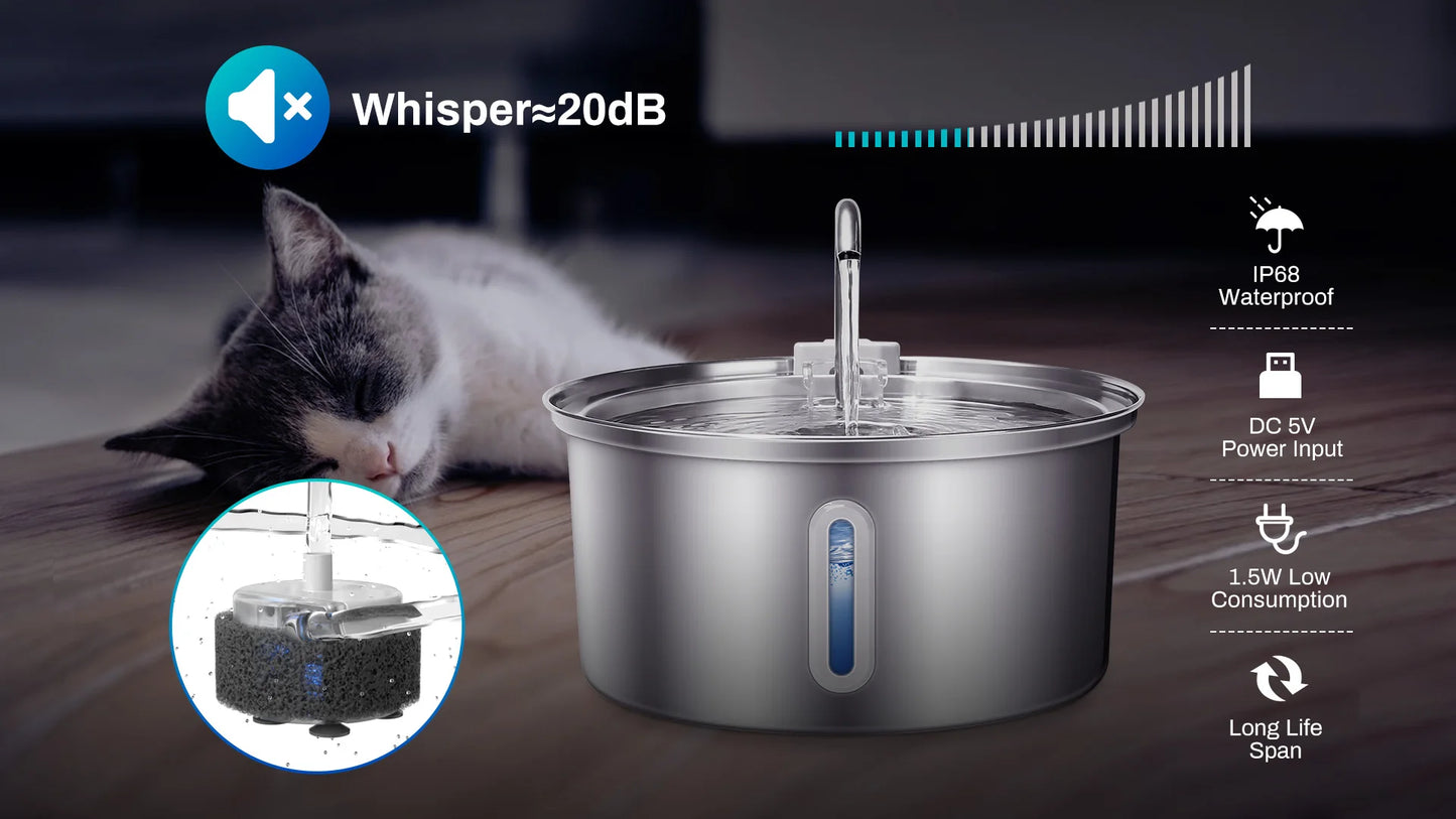 Cat Water Fountain Stainless Steel 108oz 3.2L Pet Water Fountain With Ultra Quiet Pump Filtration System Water Level Window