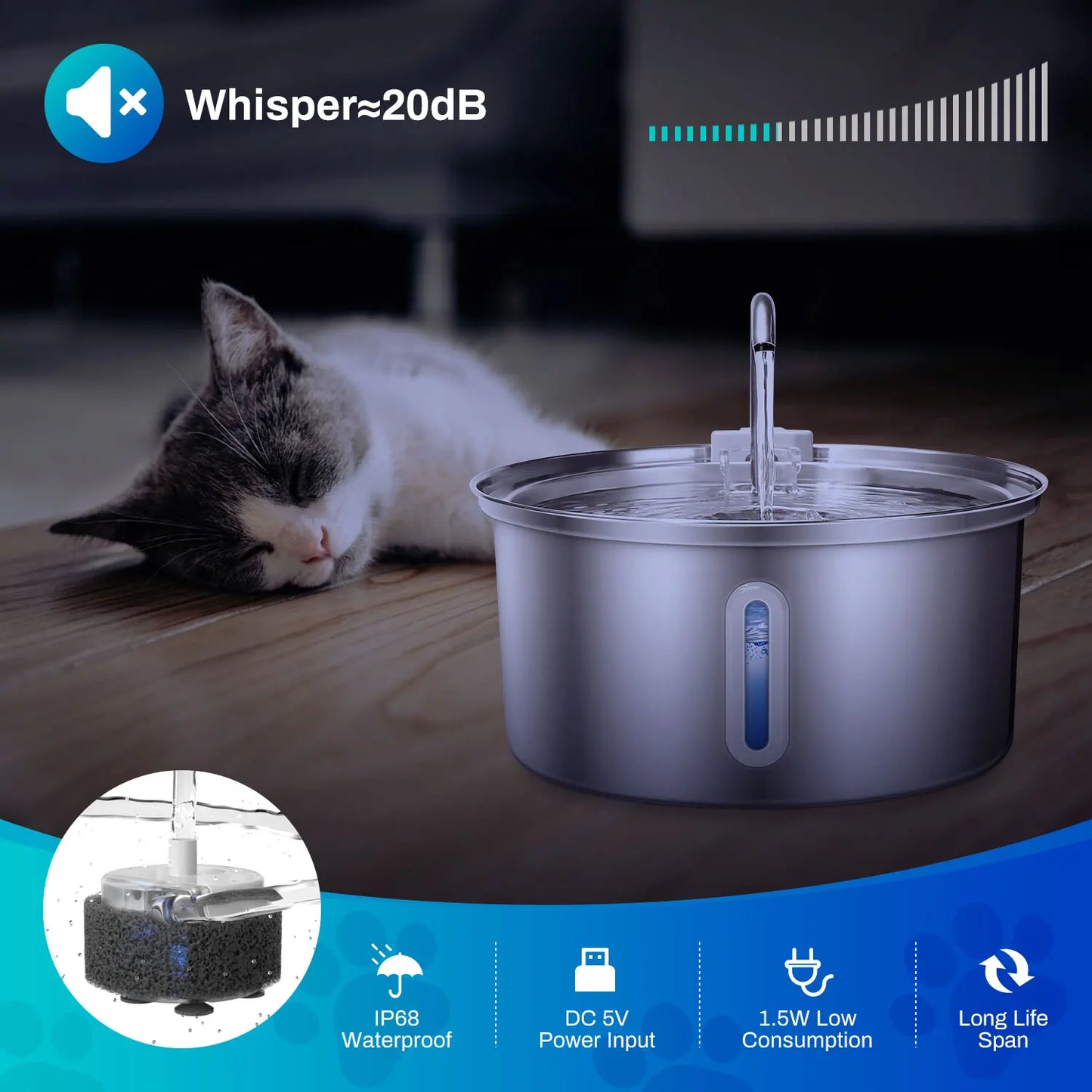 Cat Water Fountain Stainless Steel 108oz 3.2L Pet Water Fountain With Ultra Quiet Pump Filtration System Water Level Window