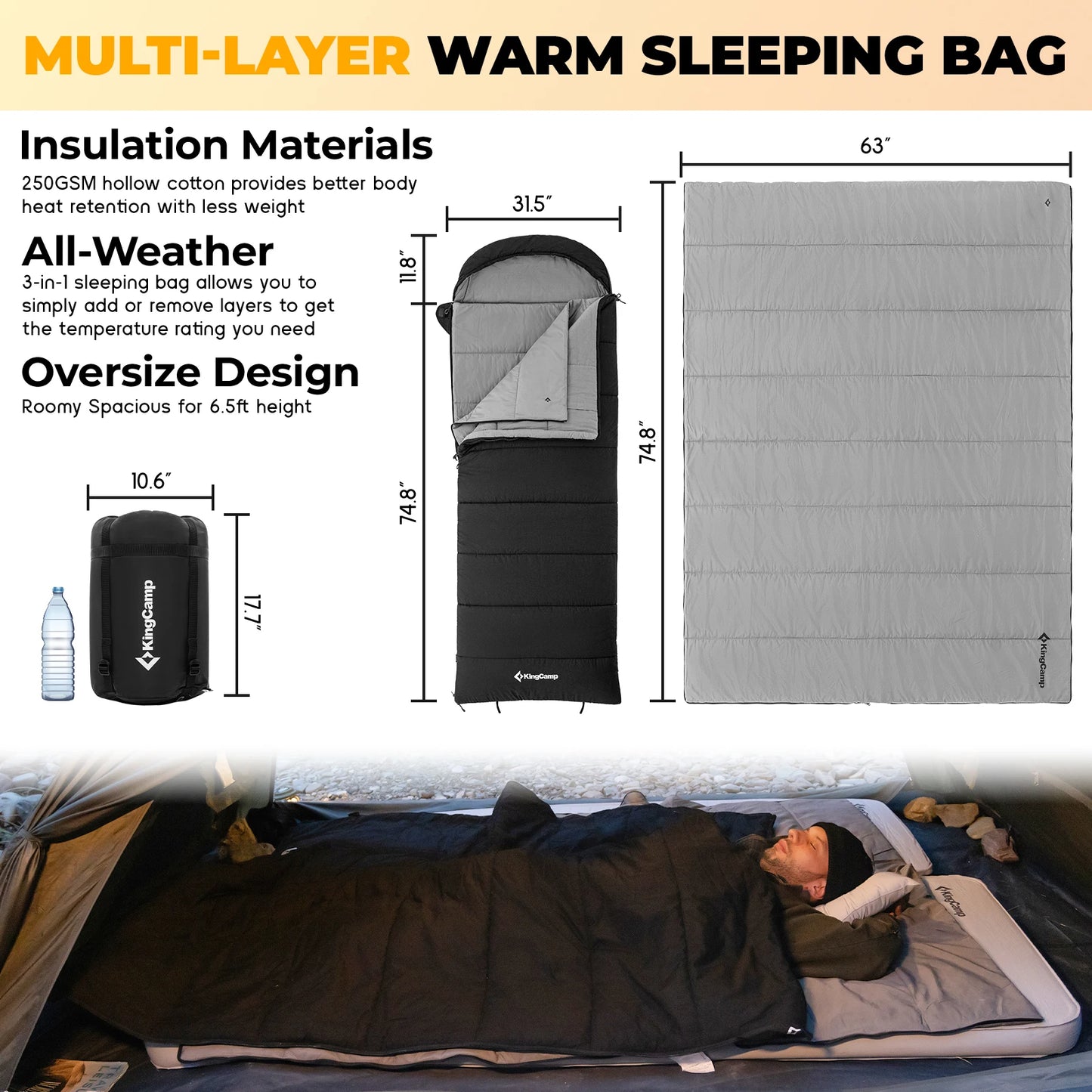 KingCamp 3 In 1 Envelope Hooded Sleeping Bag All Season