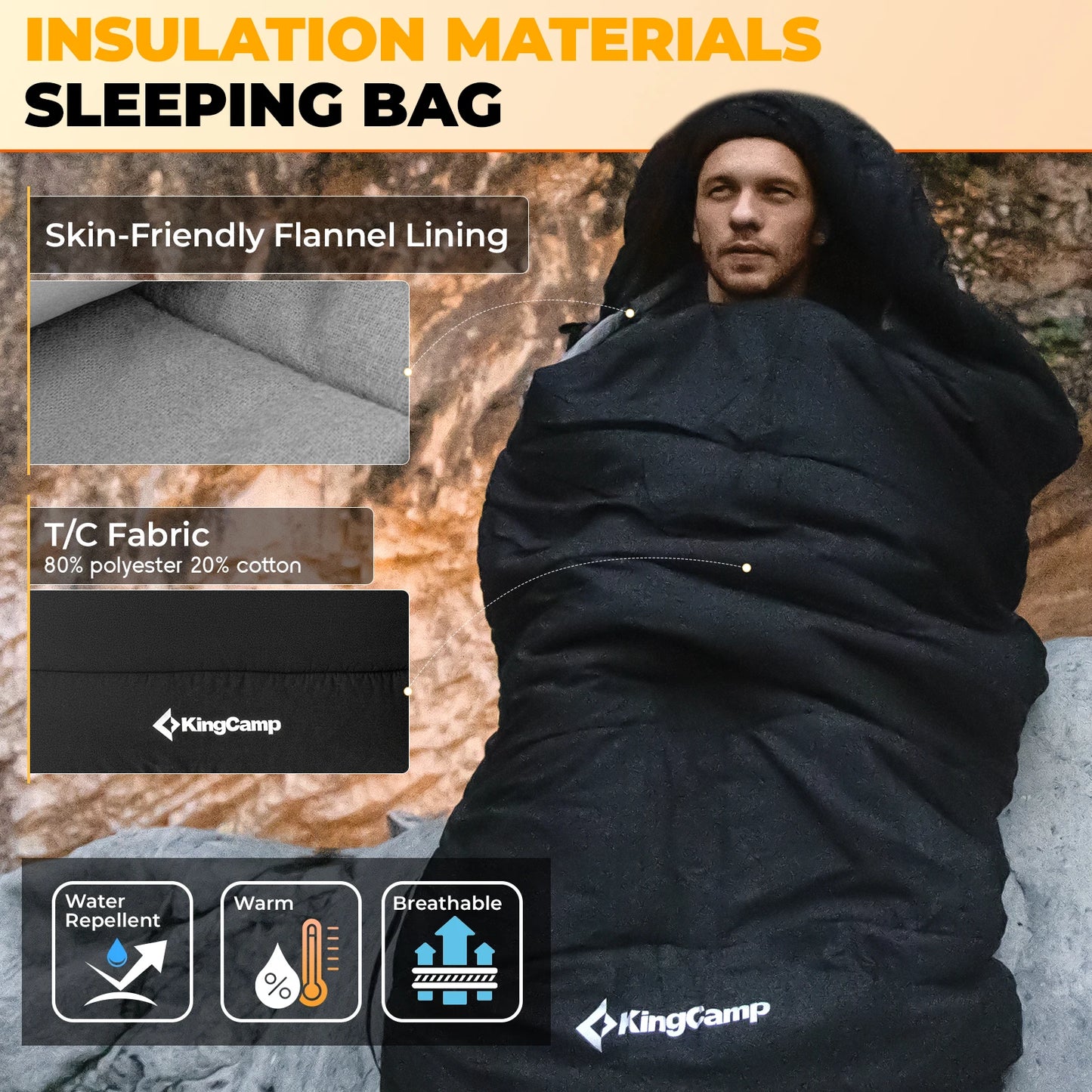 KingCamp 3 In 1 Envelope Hooded Sleeping Bag All Season