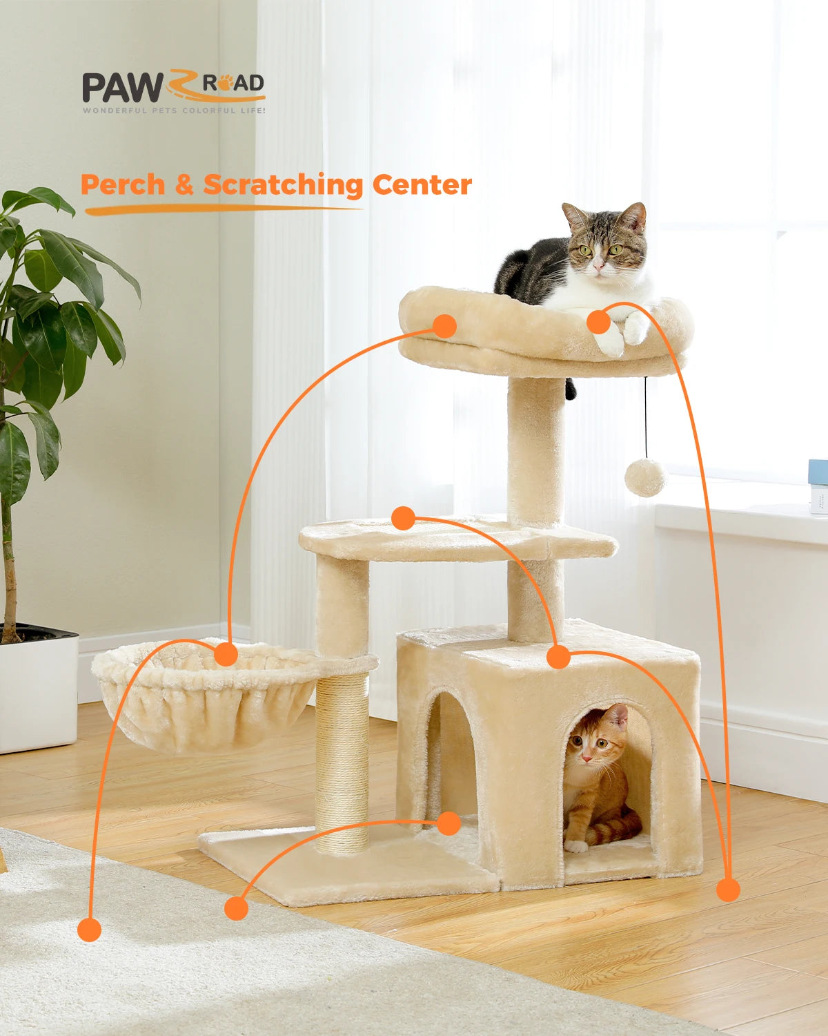 Cat Tree Cat Tower for Indoor Cats Three-Tier Activity Tree with Scratching Posts Big Hammock and Removable Top Perch Grey