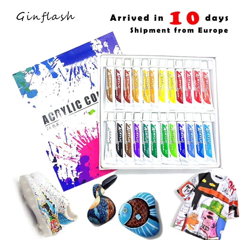 Ginflash 24 Colors Acrylic Paints Set 12ML Tubes For Art