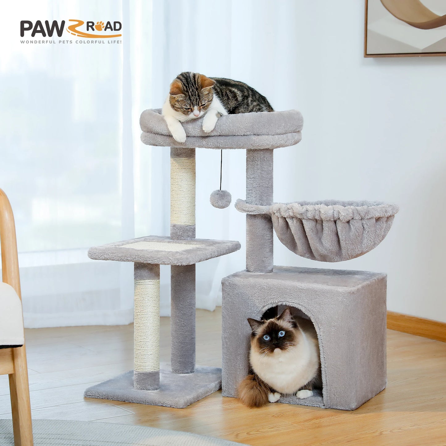 Cat Tree Cat Tower for Indoor Cats Three-Tier Activity Tree with Scratching Posts Big Hammock and Removable Top Perch Grey
